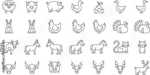 Large collection of farm animal line icons set featuring livestock and domestic animals including cow pig horse sheep chicken duck rabbit and deer vector symbols.