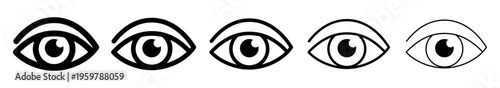 Eye icon with variable line weight. Vision pictogram in different stroke thickness styles. Symbol for view, visibility, UI interface and ophthalmology concept. 
