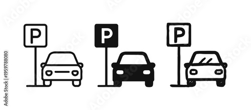 Parking spot and car icon set in different styles. Vector vehicle parking symbol collection for urban areas and traffic.