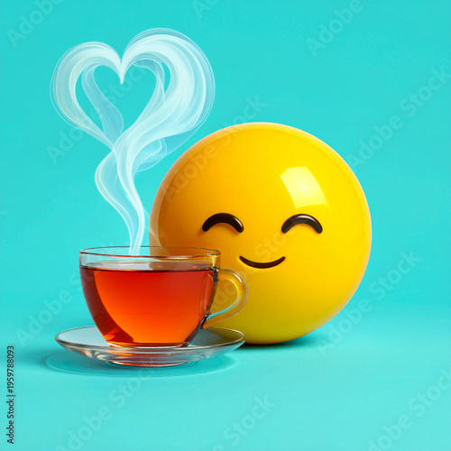 Tea in a transparent cup next to a cute smiling 3d emoji, smiley, emoticon, face with eyes closed, heart shaped steam, aqua background. 