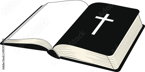 Holy Bible book vector illustration, open sacred scripture with cross symbol, Christian religious text design, spiritual faith concept, black and white isolated on clean background