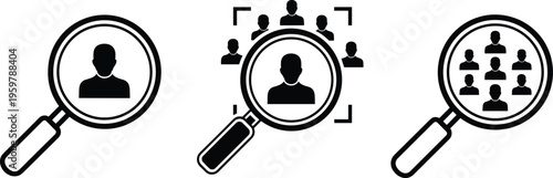 recruitment search icons, human resource concept, magnifying glass people, candidate selection, hiring process, team analysis, business vector, workforce management
