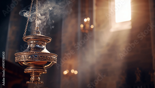 An ornate golden censer hangs from chains, releasing fragrant white smoke into the hallowed atmosphere of a church bathed in divine golden sunlight.