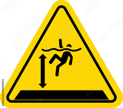 ISO 7010 W047 Warning Sign Symbol for Deep Water Hazards and Risk of Drowning in Yellow Triangle