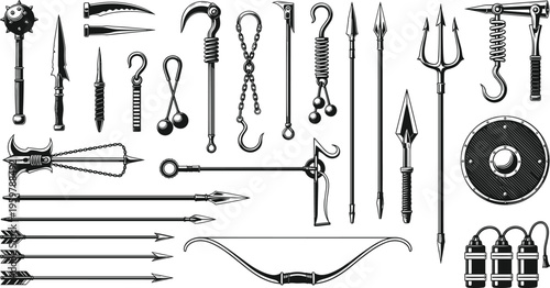 Medieval weapons collection vector illustration, vintage armory set with swords, spears, axes, chains, shields, and arrows, historical combat tools isolated on white background