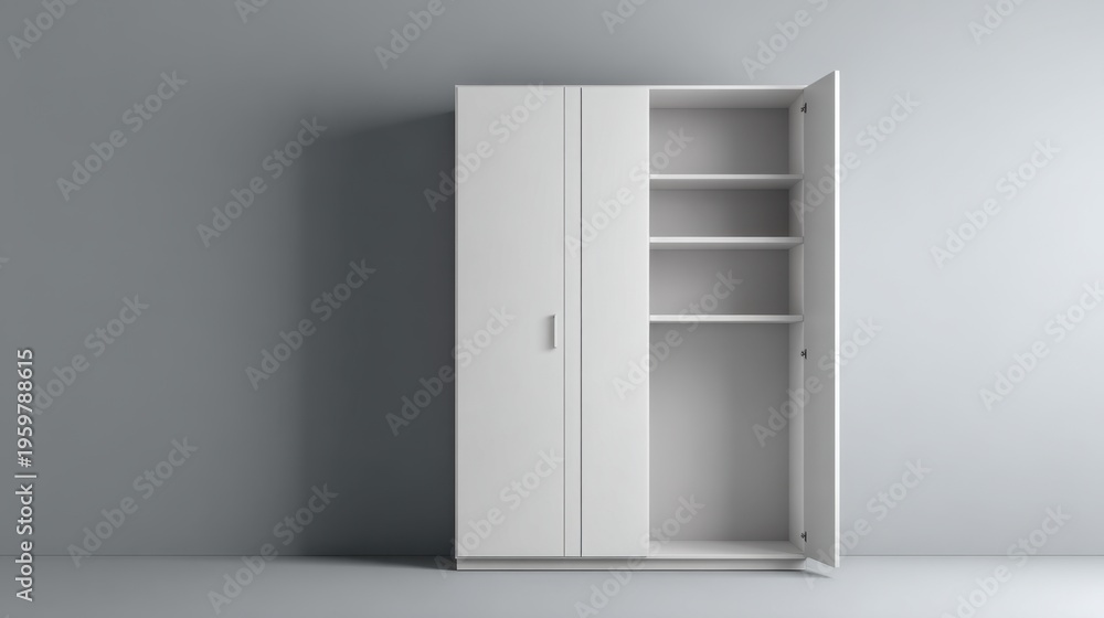 Fototapeta premium Minimalist White Cabinet Interior with Shelves and Empty Space