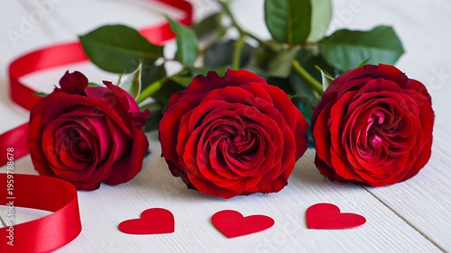 Red roses with ribbon and heart shapes representing love and romantic celebration concept 