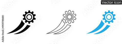 Vector set of gear icons in black, line art, and blue on white background, ideal for settings or configuration concepts
