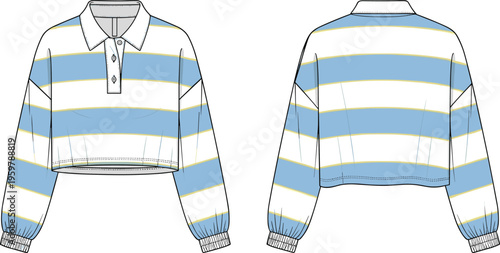 Fotografi Striped cropped polo shirt, long sleeve top, front back view, fashion design, ve