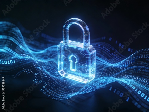 A glowing blue padlock secures a stream of binary code on a dark background on transparent background