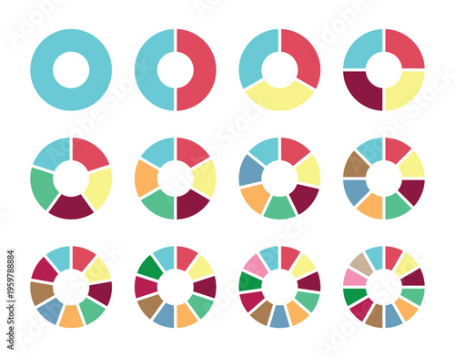 Segmented circles set. Wheel round diagram part set. Segment slice sign. Pie chart icon. Fraction big set, of wheel diagrams. 2,3,4,5,6 segment infographic. Vector.