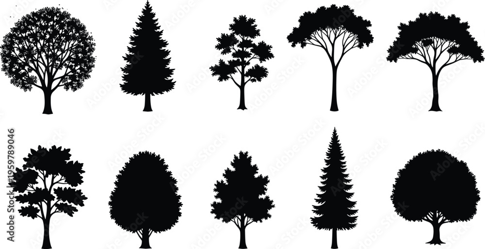 Fototapeta premium Tree silhouettes collection, forest nature elements, different tree shapes vector, black botanical icons, landscape design resources, isolated trees set illustration