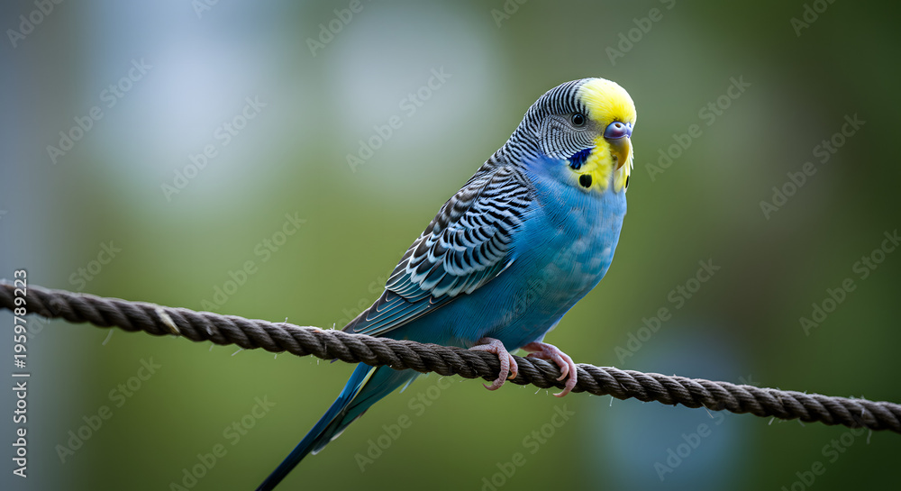 Fototapeta premium Colorful budgerigar perched on a rope against a blurred background
