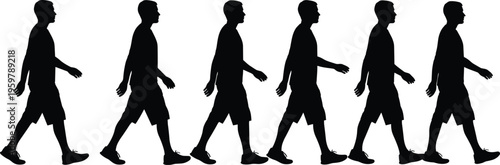 Walking man silhouette sequence, human walking cycle illustration, side view motion steps, isolated black figure, animation frames concept design