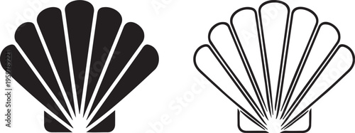 Minimalist seashell vector icons set, black scallop shell silhouette and outline graphics, nautical beach clam shell illustrations for summer branding