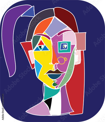 Digital cubism, array of human faces pieced together. A young woman in vibrant colors on a square canvas. Abstract portraits of people in the style of cubism