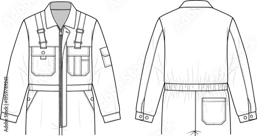 Utility jumpsuit design, front back view, workwear coverall, fashion template, vector illustration, multiple pockets, zipper closure, modern functional apparel