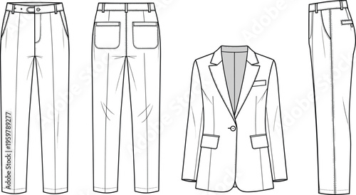 Women suit set, blazer and trousers, front back side views, fashion flat sketch, vector template, apparel design, clothing illustration