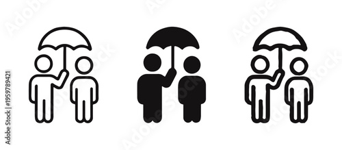 Two people under an umbrella icon set for insurance, protection, and security services.