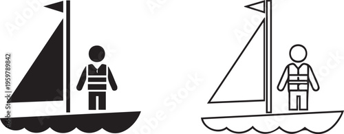 Sailing safety icons with person in life jacket on boat, nautical vessel and sailor symbols, black and white maritime vector set