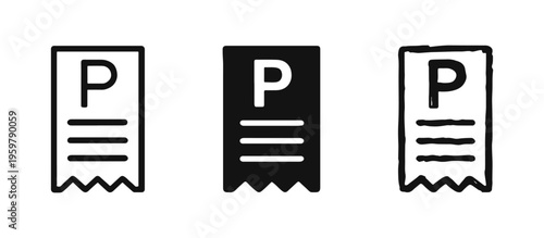 Parking ticket icon set. Receipt, fine, and payment for car park symbol.