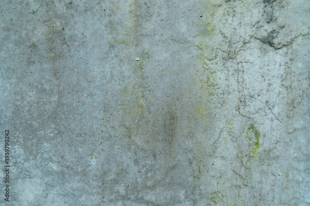 Obraz premium Weathered concrete wall with stains and moss patches, creating a natural grunge texture background with subtle patterns and aged surface details.