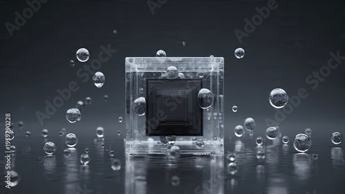 Transparent glass cube with dark recursive interior surrounded by floating crystal spheres on gray reflective surface