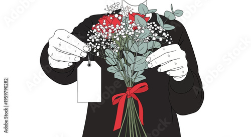 person holding bouquet of flowers with price tag.