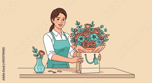 Woman holding bouquet of flowers in bag.