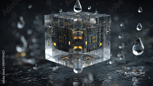 Transparent glass cube with dark recursive interior surrounded by floating crystal spheres on gray reflective surface