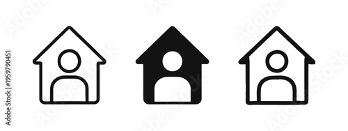 Home with person icon set. Residence, user, and stay at home symbol.