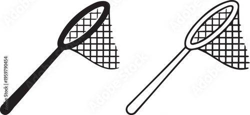Minimalist butterfly net vector icons, black and white landing net line art, simple fishing net silhouettes for outdoor exploration and nature study
