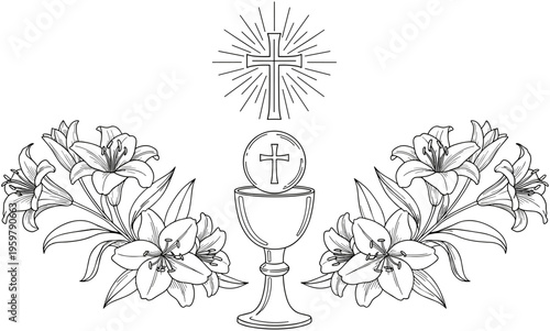 First holy communion chalice with host and cross surrounded by lilies flowers, Christian religious celebration vector line art illustration on white.