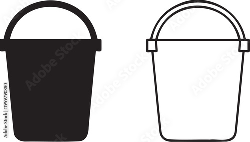 Minimalist bucket vector icons, black silhouette and outline pail set, cleaning and gardening equipment symbols on white background