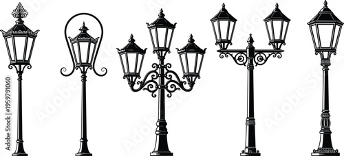 Vintage street lamp collection vector illustration, classic ornate lantern posts set, decorative antique urban lighting design, elegant iron streetlights isolated on white background