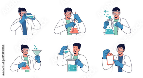 A scientist in a lab coat handling various laboratory equipment and chemicals.
