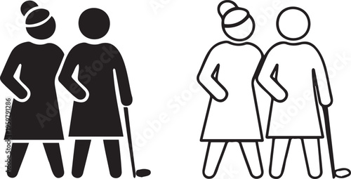 Senior women golfers icon set, elderly female friends playing golf vector, retired ladies sports activity silhouettes in black and white