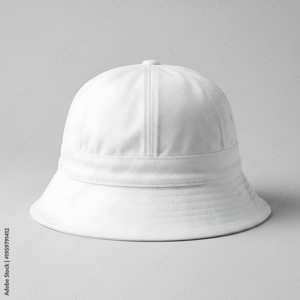 Fototapeta premium White bucket hat with wide brim and button on top for casual wear