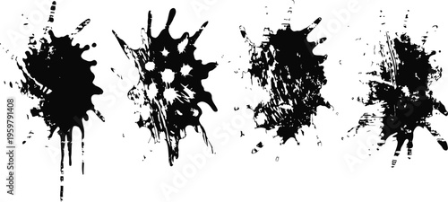 Black ink splatters set grunge abstract paint blots with drips and splashes in various shapes and textures