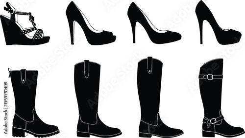 Women shoes silhouette vector illustration set, high heels and boots collection, fashionable footwear icons, minimal black design, isolated objects for fashion, retail and style