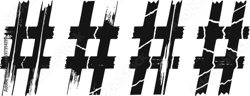 Grunge hashtag symbols set distressed black hash marks with rough paint brush strokes isolated on white