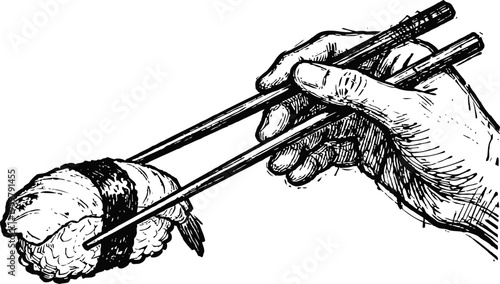 Hand holding chopsticks picking up a piece of sushi nigiri with shrimp on top