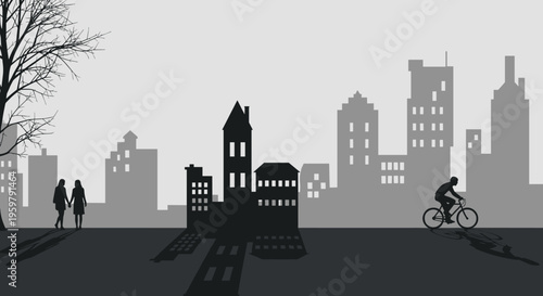 Illustration of Urban Life with People Cyclist and Cityscape Silhouettes