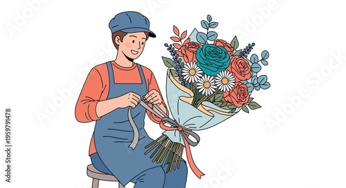 a man sitting and making bouquet.