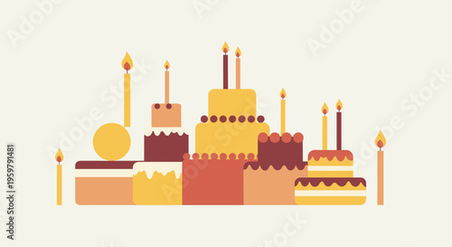 Illustration with various celebration cakes and burning candles on a light background