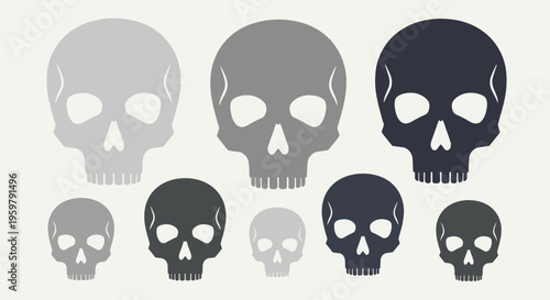 Collection of stylized human skull icons in various shades minimal graphic art