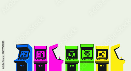 Row of colorful retro arcade game machines ready for nostalgic play