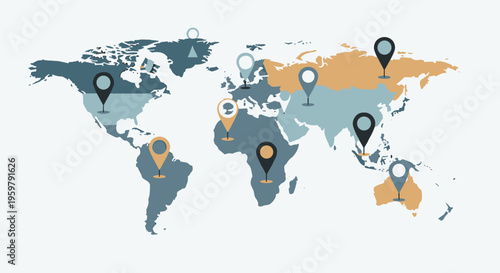 Stylized World Map with Location Markers - Global Connectivity and Pointing