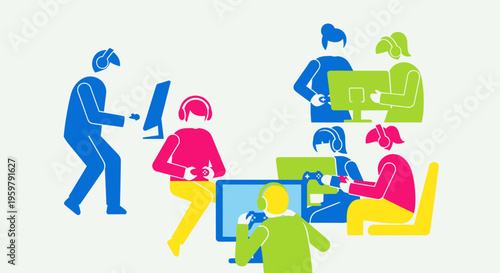 Diverse group of people interact with screens and headsets in a digital environment