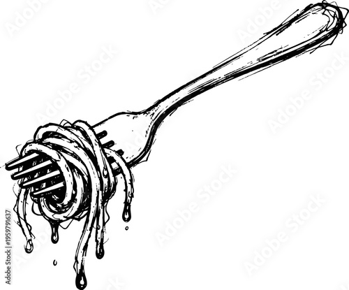 Fork with dripping honey wrapped around tines in detailed line art sketch